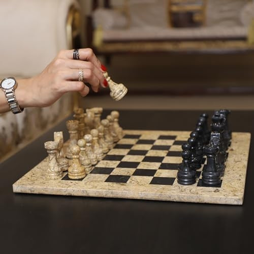 12 Inch Coral and Black Marble Chess Set