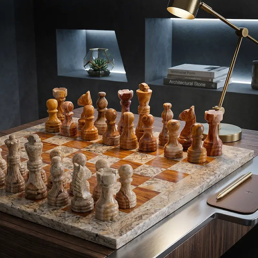 12 Inch Coral and Brown Marble Chess Set