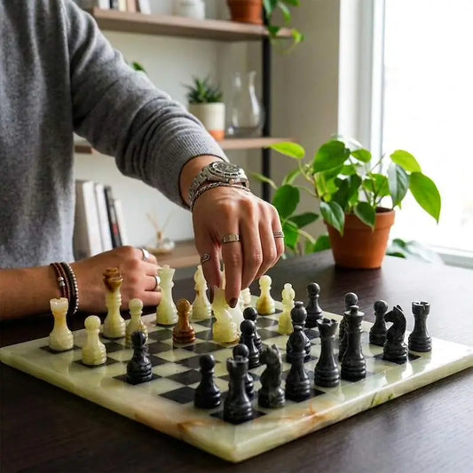 12 Inch Onyx and Black Marble Chess Set