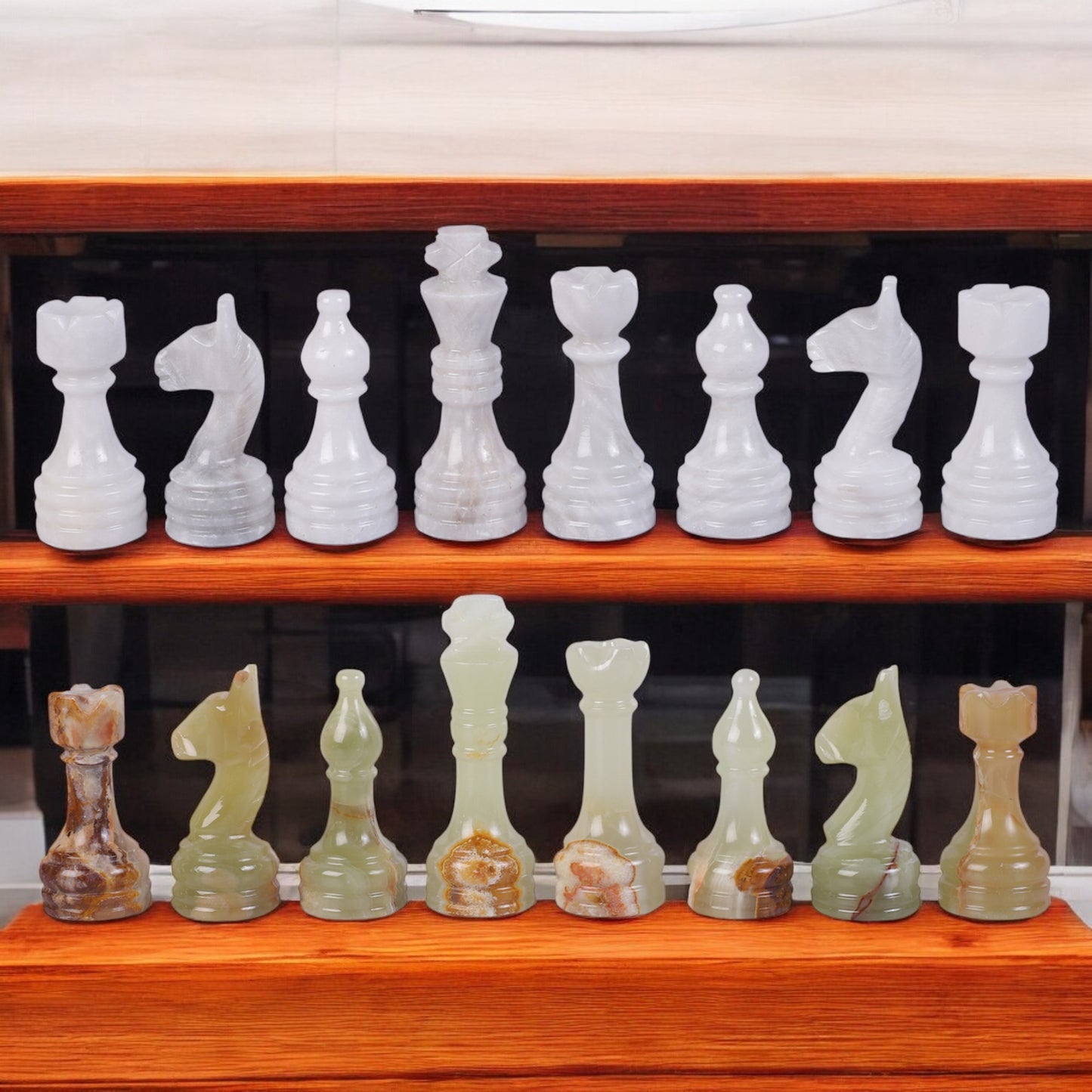 White & Onyx Green Chess Figures