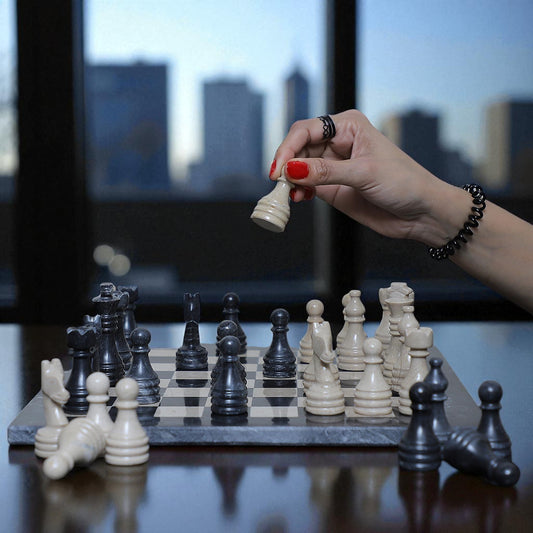 Marble Hives Luxury Handmade Marble Chess Set – Black and Beige