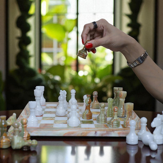 Green Onyx White Handmade Marble Chess Set