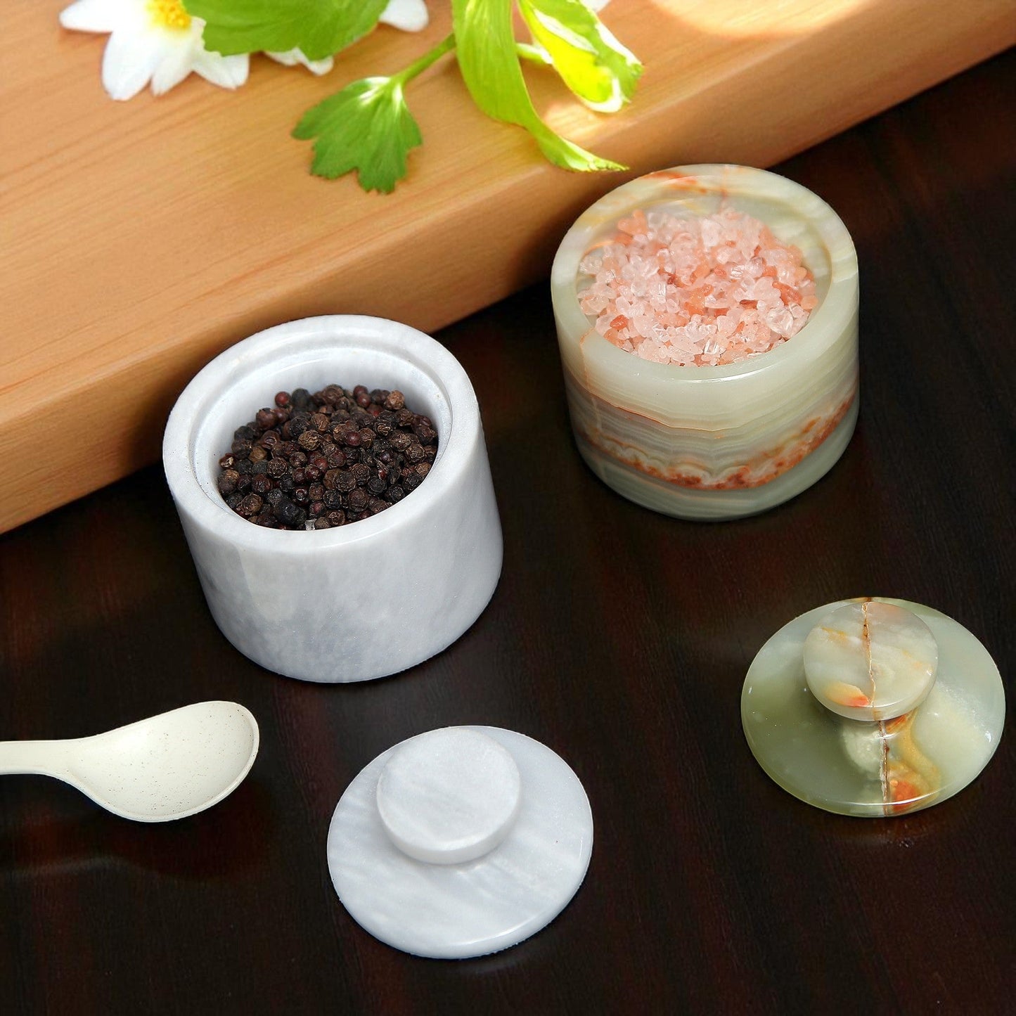 Marble Salt Cellar Set with Lid (Pack of 2) White and Onyx Green