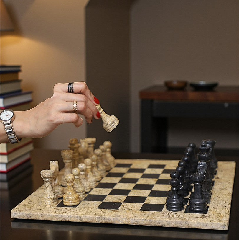 Marble Hives Luxury Handmade Marble Chess Set β Coral and Black -15 Inch