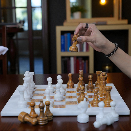 Marble Hives Luxury Handmade Marble Chess Set -White and Dark Brown -12 Inch