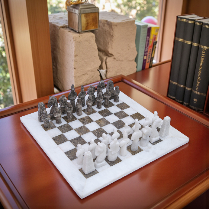 15 Inch White & Grey Marble Fancy Chess Set