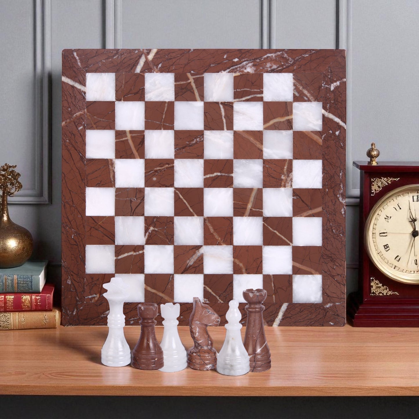 Marble Hives Luxury Handmade Marble Chess Set – Brown and Coral