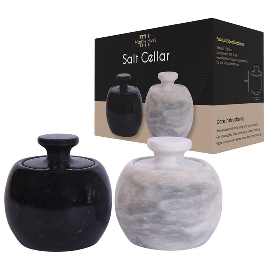 Marble Salt Cellar with Lid- Pack of 2 Marble Salt and Pepper Bowls- Salt Holder with Lid to Put Salt, Paprika, Pepper, and Spice