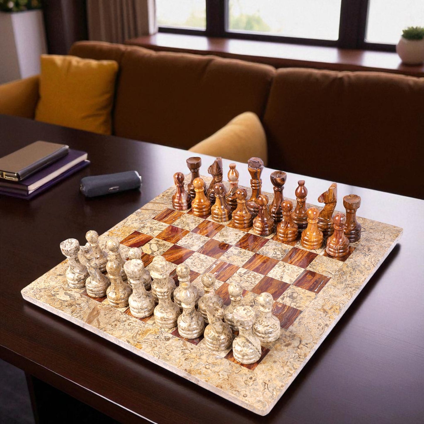 Marble Hives Luxury Handmade Marble Chess Set -Coral and Brown -10 Inch