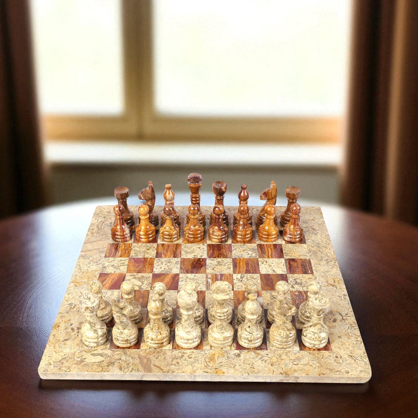 Marble Hives Luxury Handmade Marble Chess Set -Coral and Brown -10 Inch