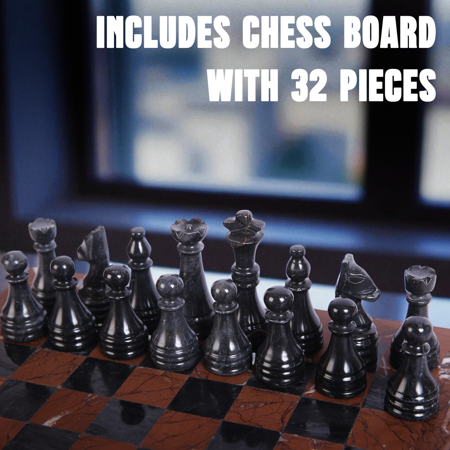 Marble Hives Luxury Handmade Marble Chess Set -Marina and Black -10 Inch