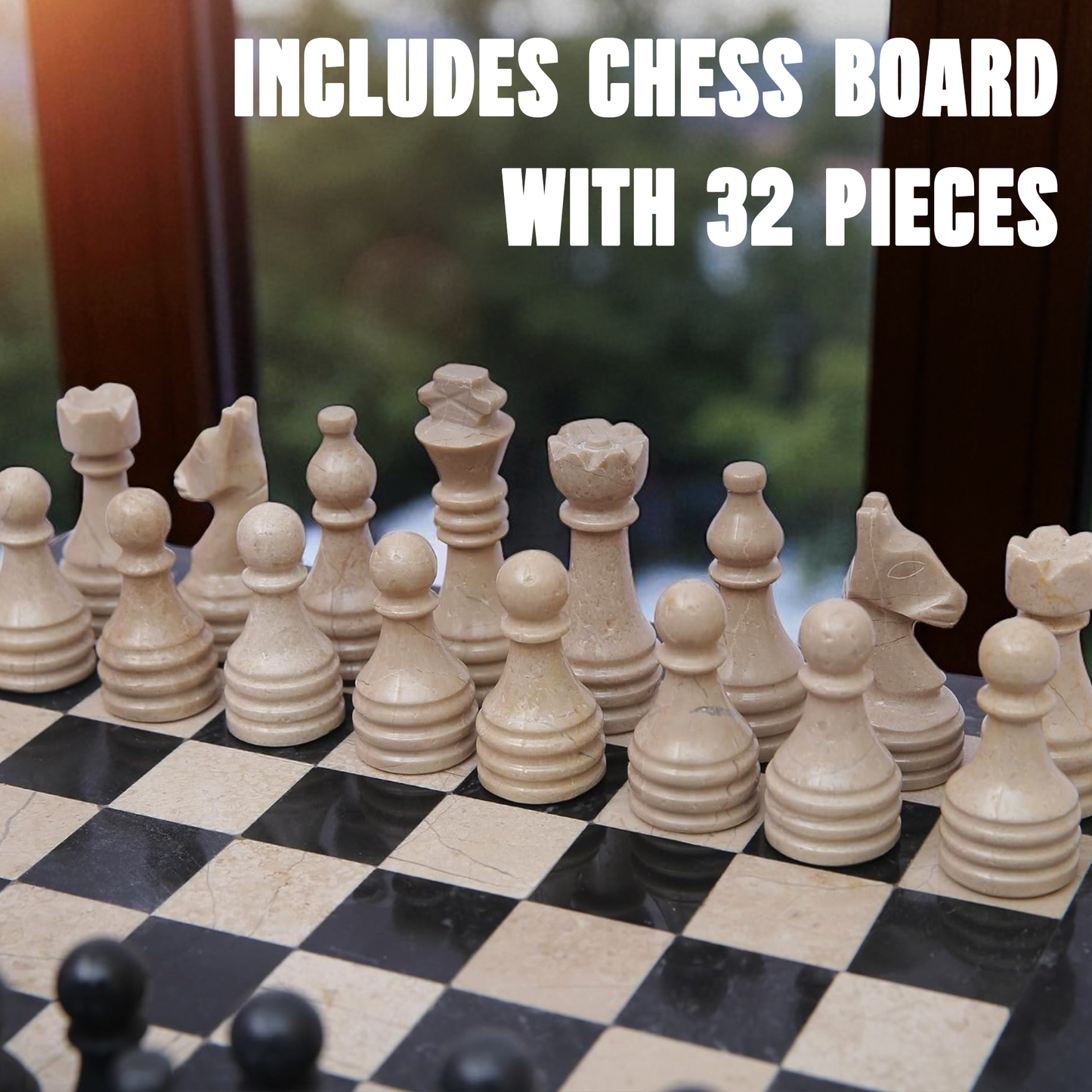Marble Hives Luxury Handmade Marble Chess Set – Black and Beige