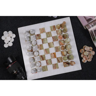 12 Inch White and Onyx Green Marble Chess Set With Free Checkers