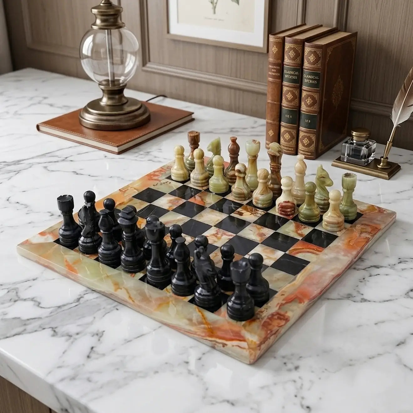12 Inch Green Black Marble Chess Set