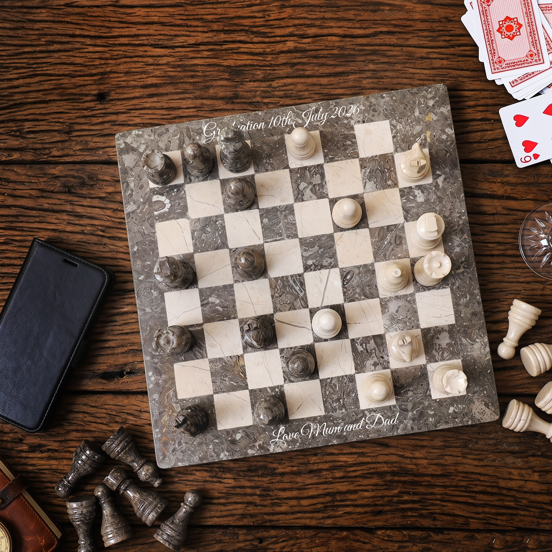 12 Inch Oceanic Grey and Verona Marble Chess Set
