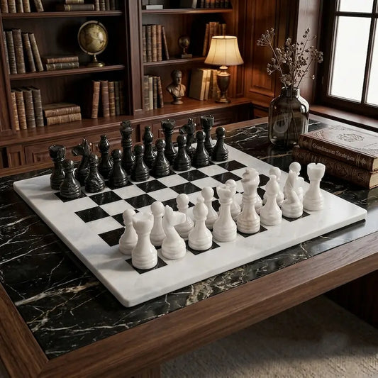 12 Inch White and Black Marble Chess Set