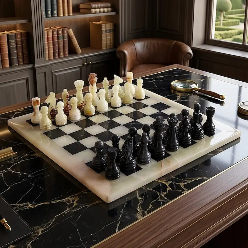 12 x 12 Handmade Onyx and Black Marble Chess
