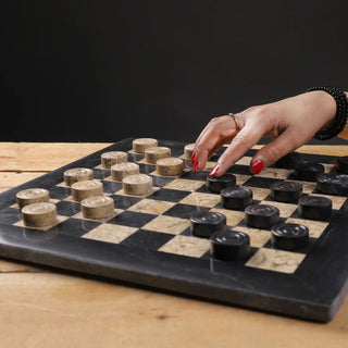 15 Inch Black & Fossils Marble Chess Set with FREE Checkers