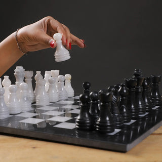 15 Inch Black and White Marble Chess Set with FREE Checkers