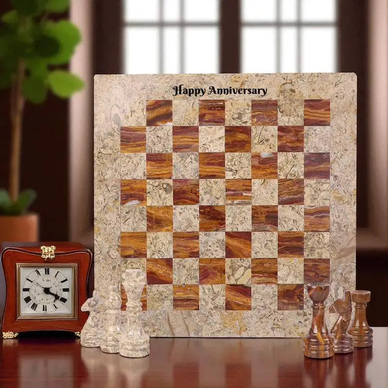 15 Inch Coral & Brown Marble Chess Set