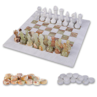 15 Inch White and Onyx Green Marble Chess Set with FREE Checkers