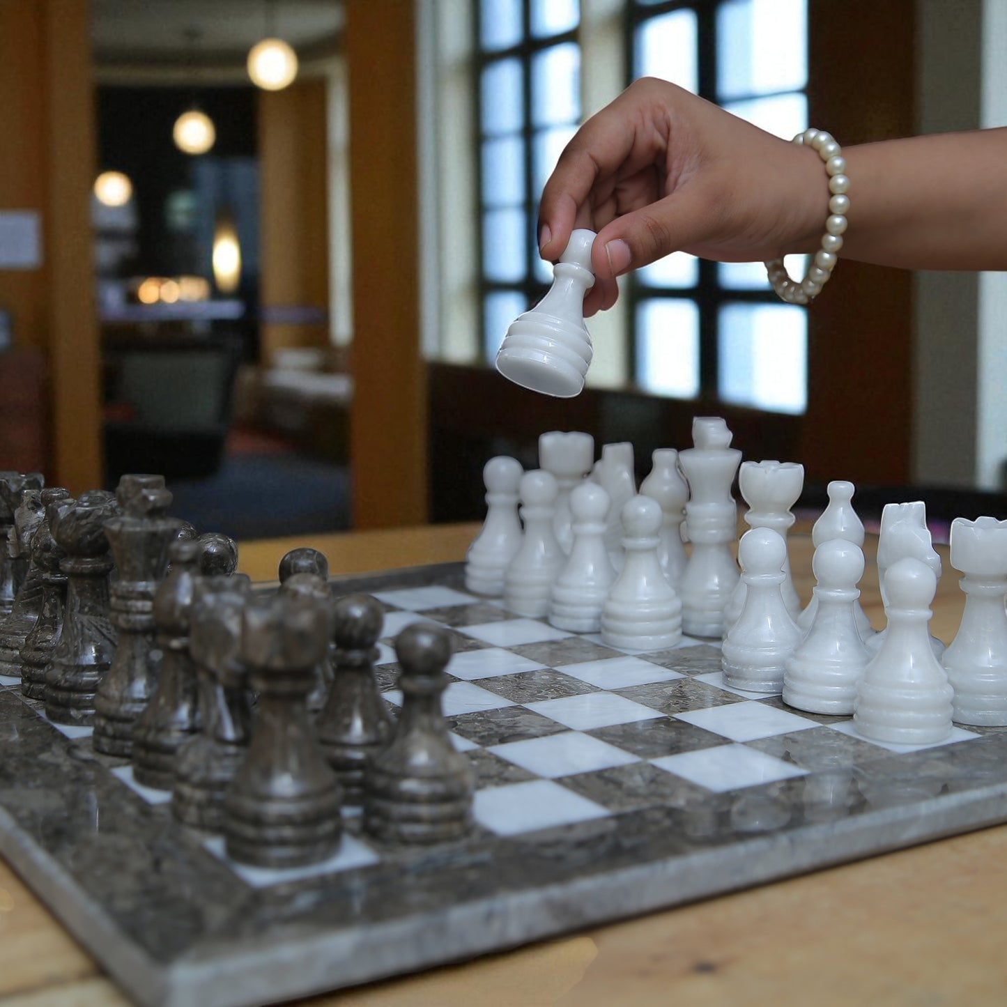 Marble Hives Luxury Handmade Marble Chess Set -Grey and White -10 Inch