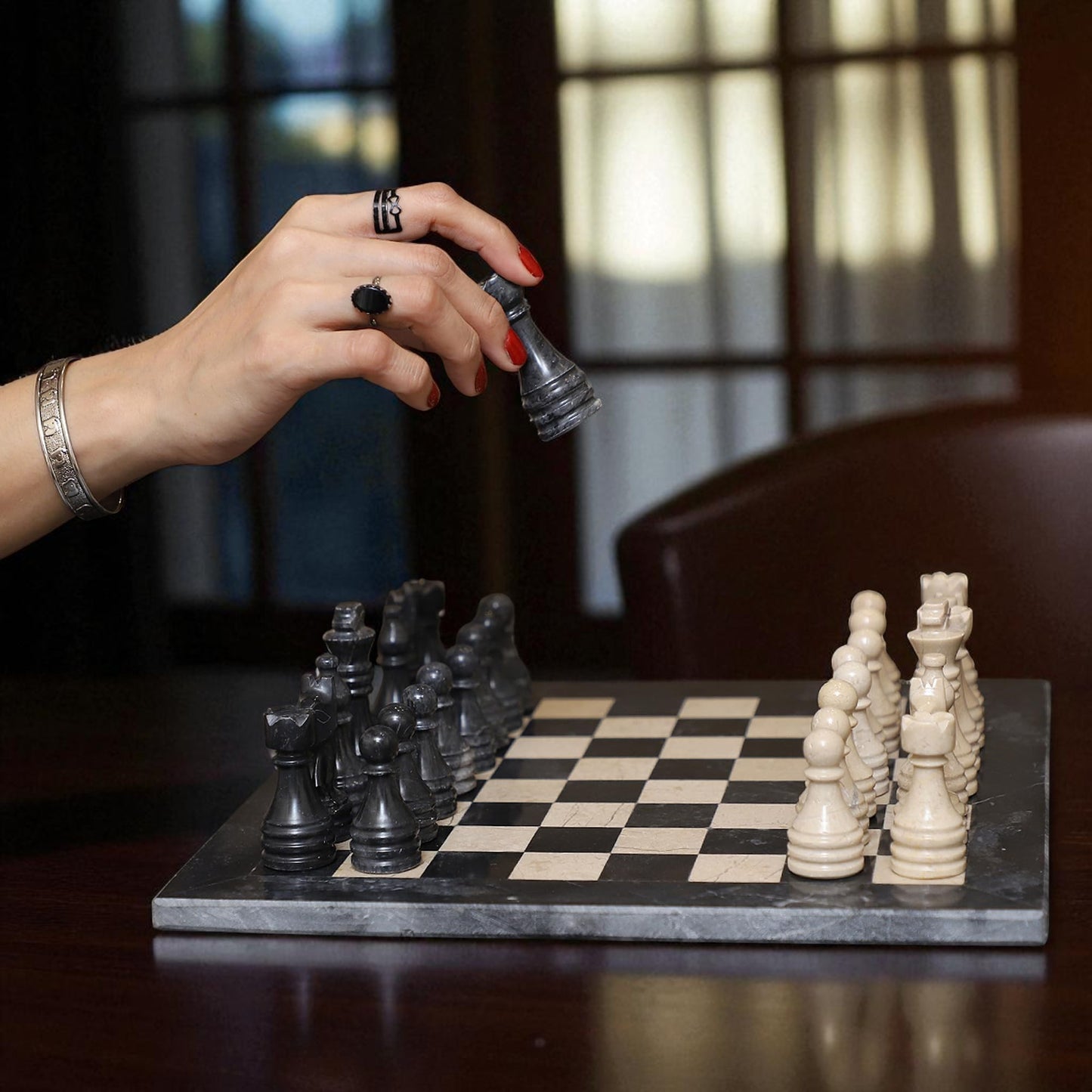 Marble Hives Luxury Handmade Marble Chess Set – Black and Beige