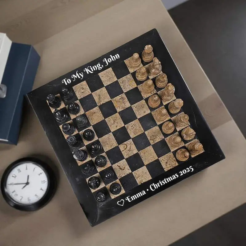 Black and Coral Marble Chess Set