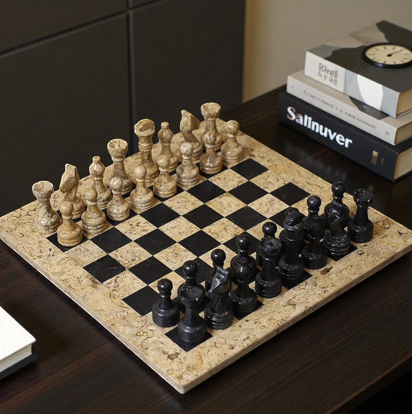 Coral and  Black Handmade Marble Chess Set