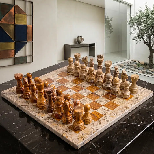  Coral and Brown Marble Chess Set