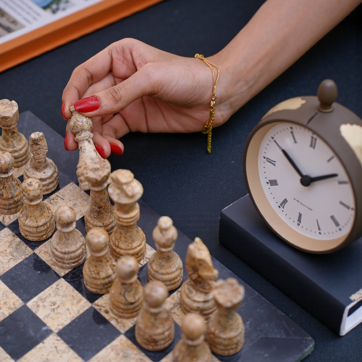 Marble Hives Luxury Handmade Marble Chess Set -Black and Coral-10 Inch