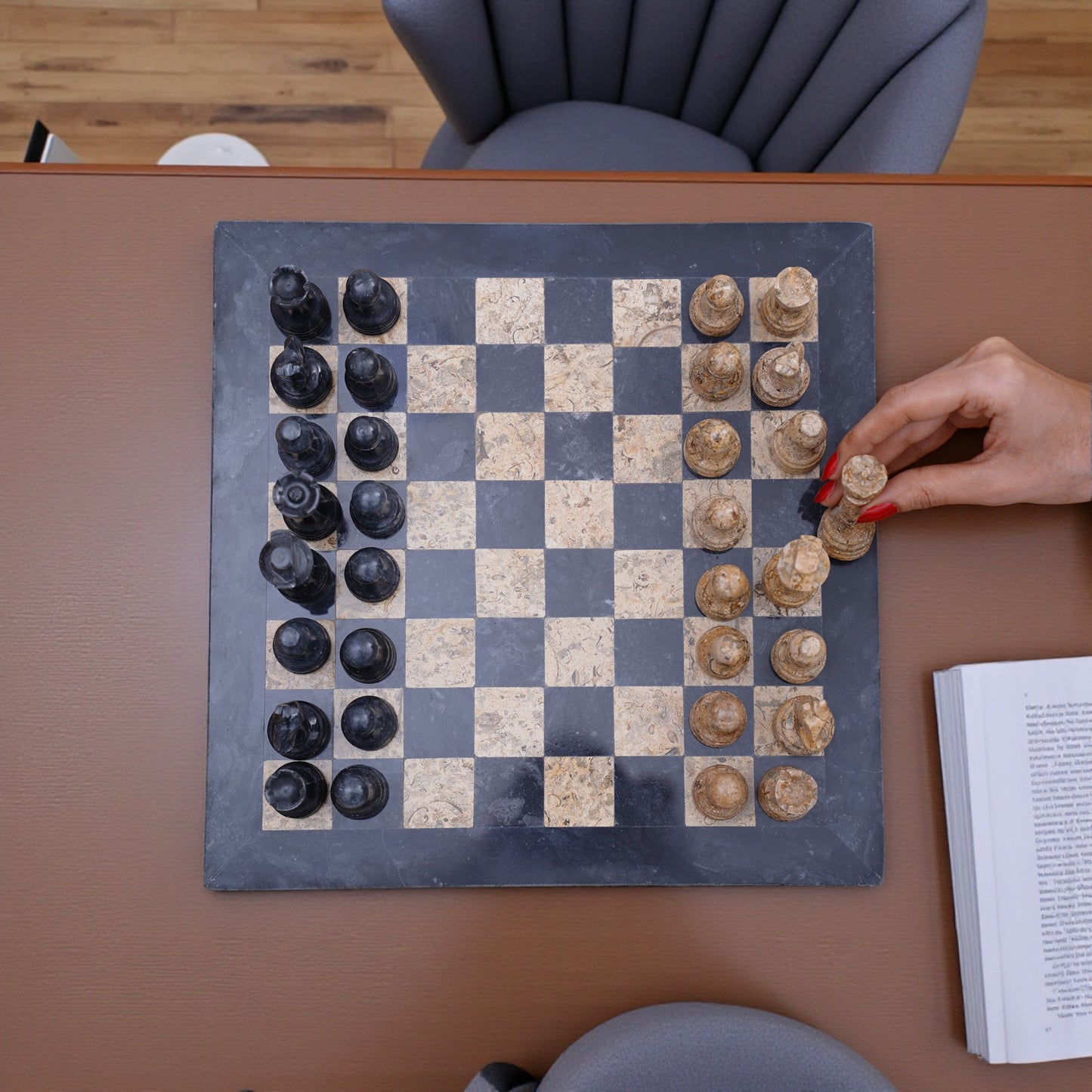 Marble Hives Luxury Handmade Marble Chess Set -Black and Coral-10 Inch