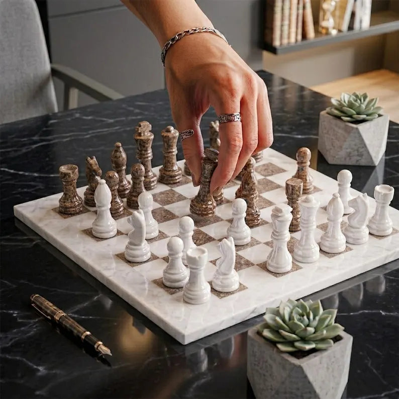 12 Inch White & Oceanic Grey Marble Chess Set