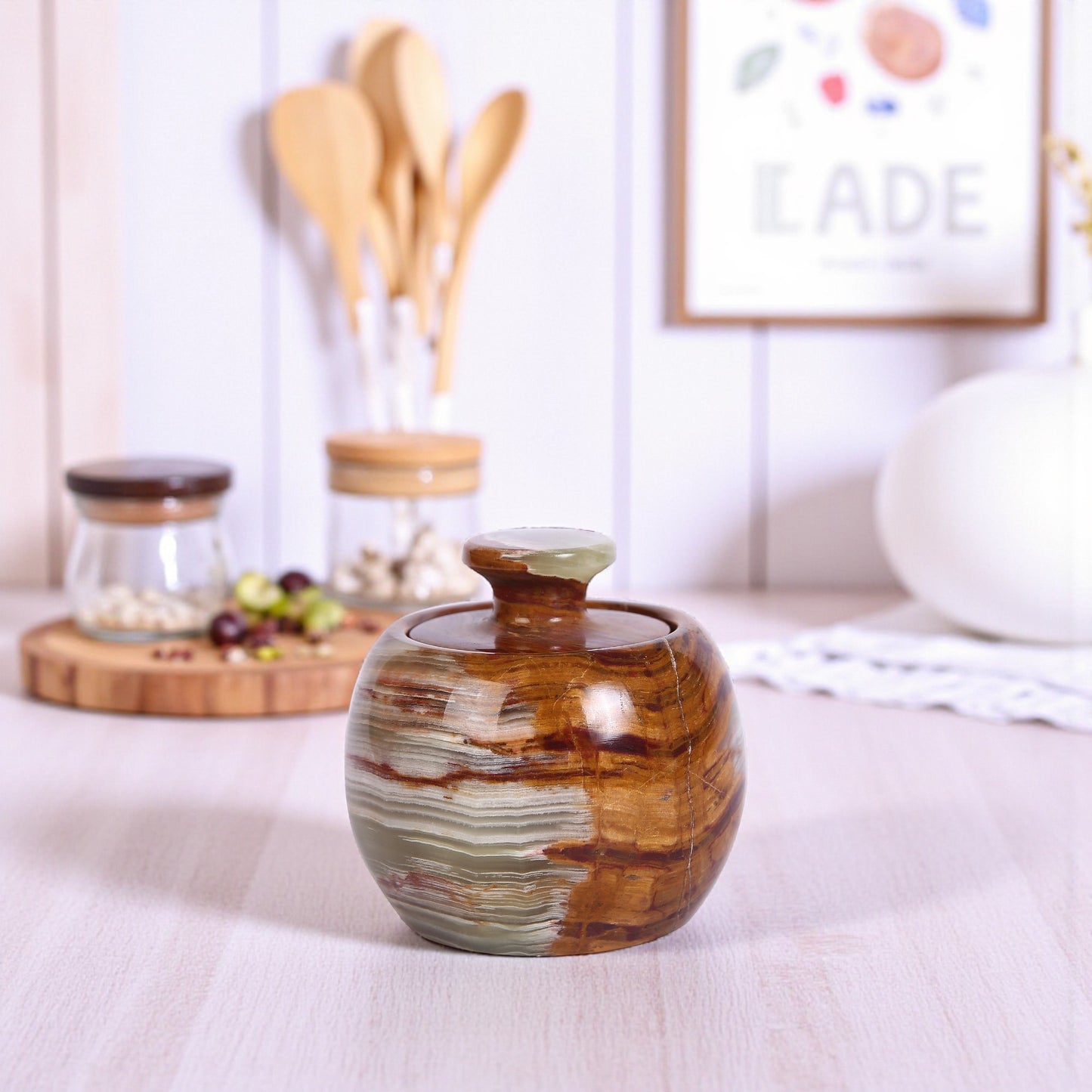 Marble Salt Cellar with Lid- Pack of 2 White and Green