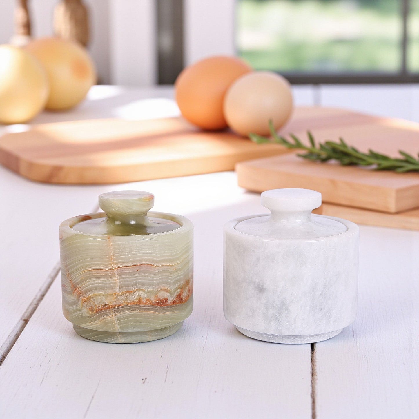 Marble Salt Cellar Set with Lid (Pack of 2) White and Onyx Green