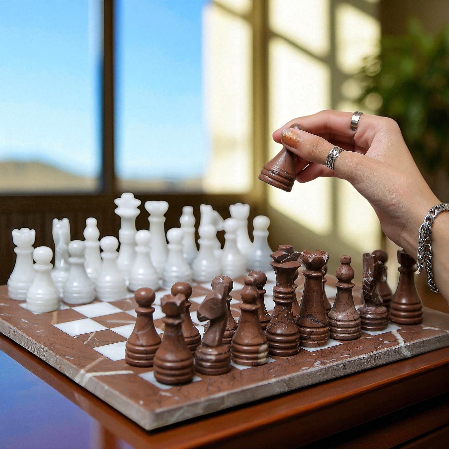 Marble Hives Luxury Handmade Marble Chess Set – Brown and Coral