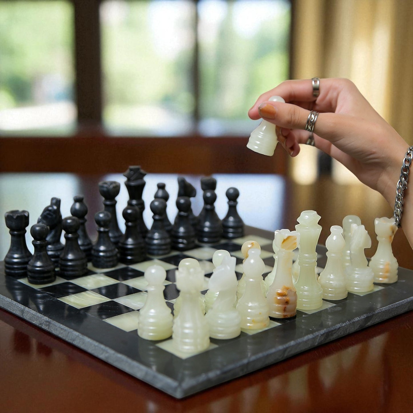 Marble Hives Luxury Handmade Marble Chess Set -Black and Onyx -10 Inch
