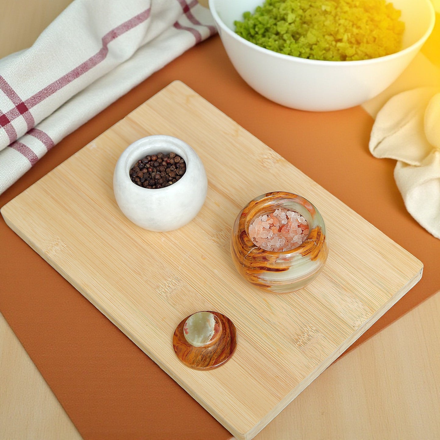 Marble Salt Cellar with Lid- Pack of 2 White and Green
