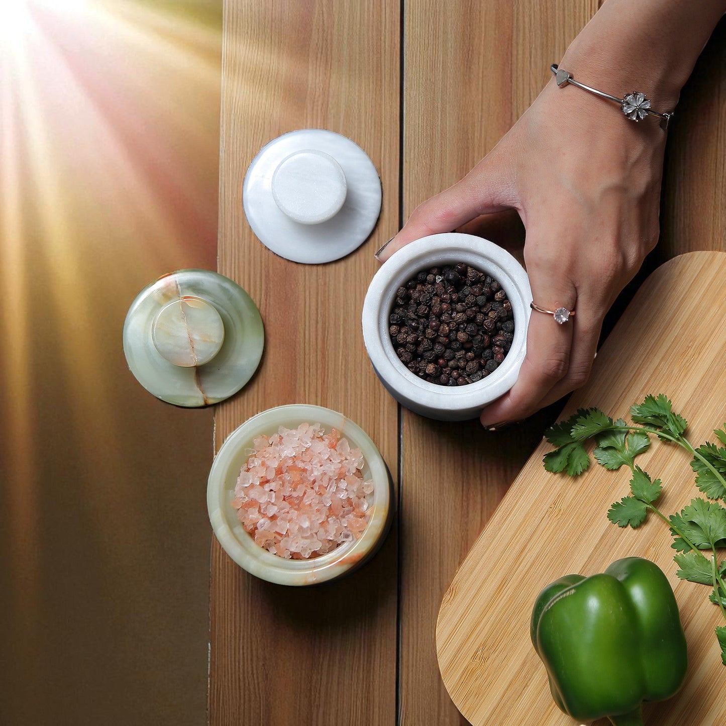Marble Salt Cellar Set with Lid (Pack of 2) White and Onyx Green