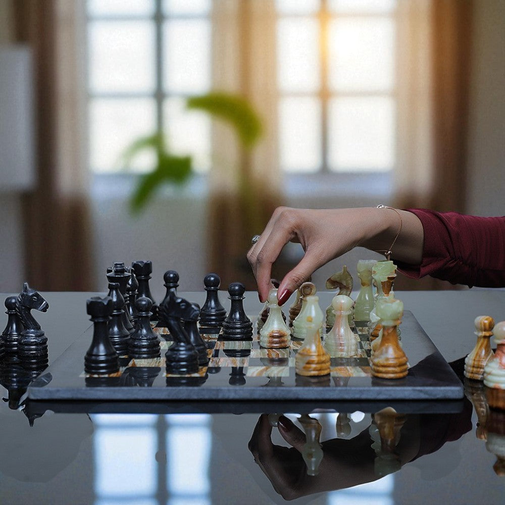 Marble Hives Luxury Handmade Marble Chess Set – Black & Onyx Green