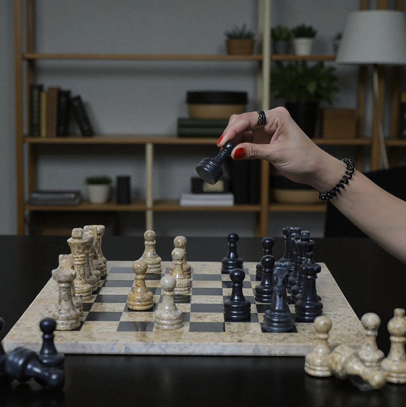 Marble Hives Luxury Handmade Marble Chess Set -Coral and Black -10 Inch