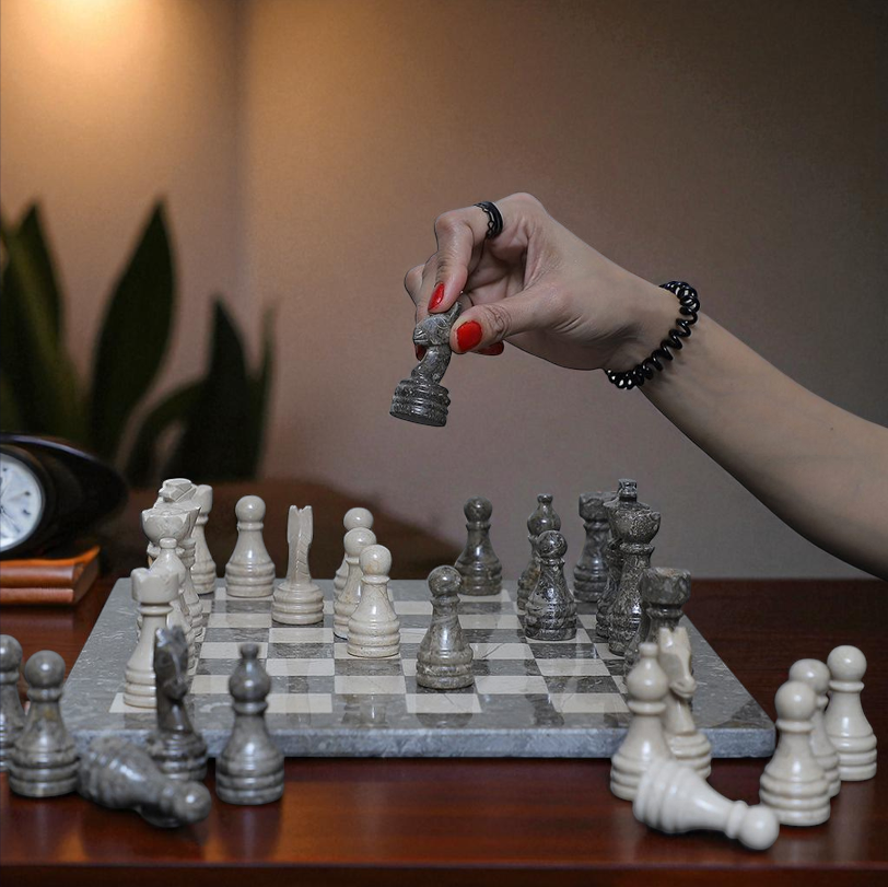 Marble Hives Luxury Handmade Marble Chess Set -Grey and Verona-10 Inch