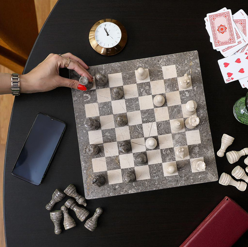 Marble Hives Luxury Handmade Marble Chess Set -Grey and Verona-10 Inch