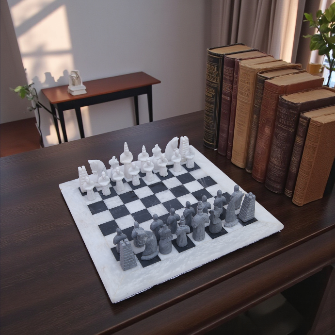 White and Black Matt Marble Statue Chess Set - 15 Inch