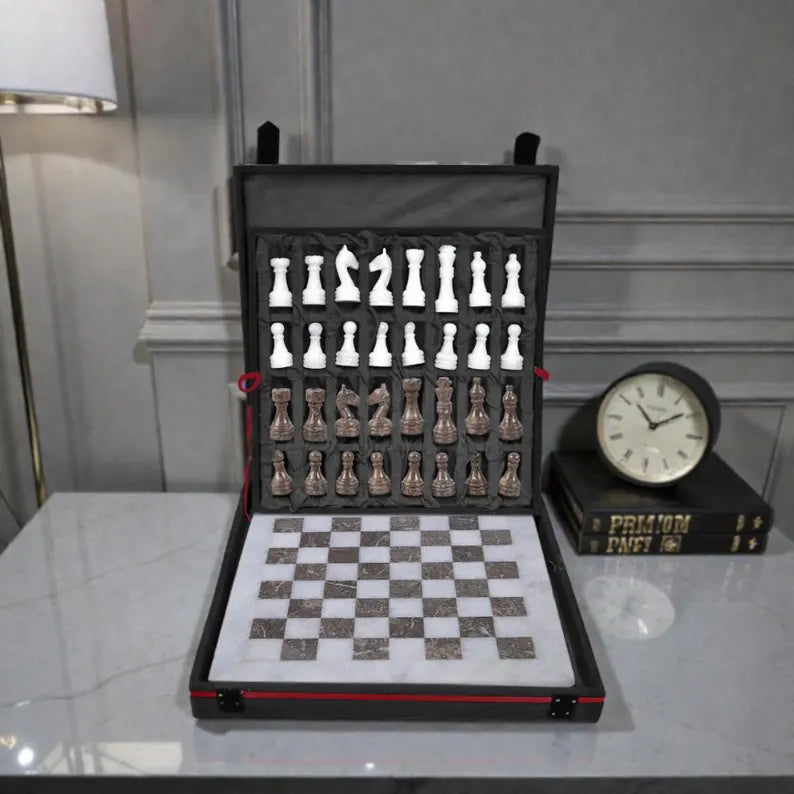 12 Inch White & Oceanic Grey Marble Chess Set
