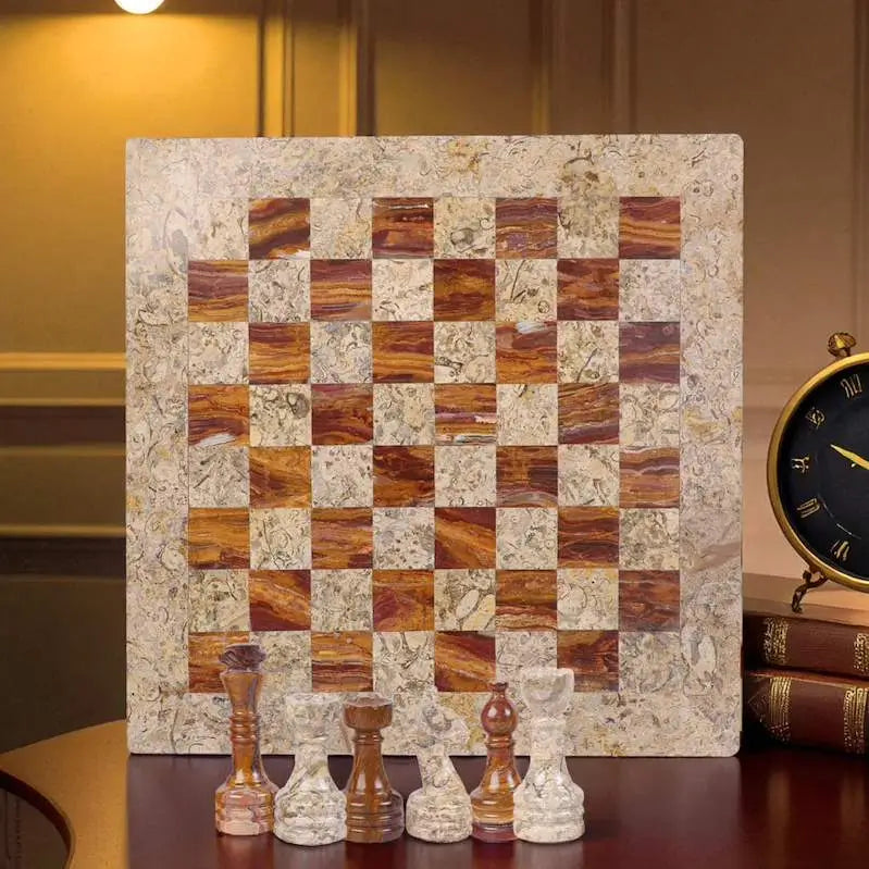 12 Inch Coral and Brown Marble Chess Set