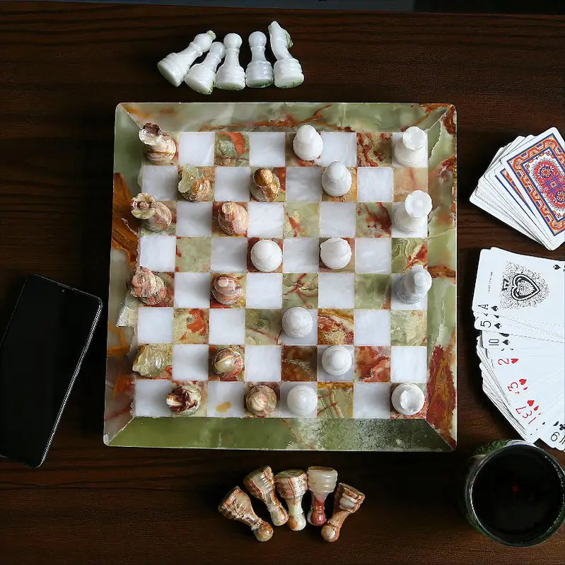 15 Inch Green Onyx & White Marble Chess Set