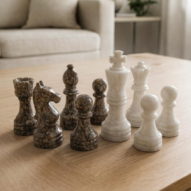 12 Inch White & Oceanic Grey Marble Chess Set